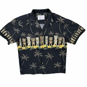 Vintage KYS Hawaiian Shirt Black Floral Tropical Tiki USA Made 1990s Men's Large